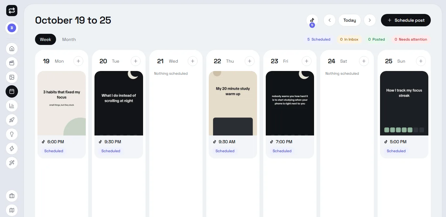 The week of October 19 to 25 in the calendar, with five scheduled TikTok posts and their times