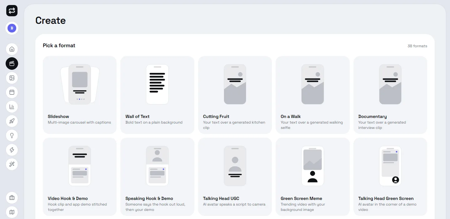 The Create page with a grid of formats such as Slideshow, Wall of Text and Video Hook and Demo