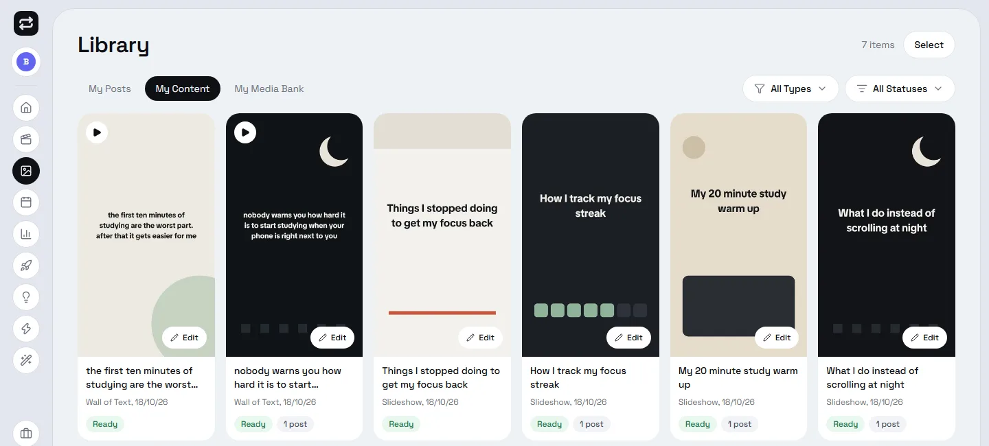 The Loopost Library with seven ready carousels and Wall of Text posts, each with its status and number of scheduled posts