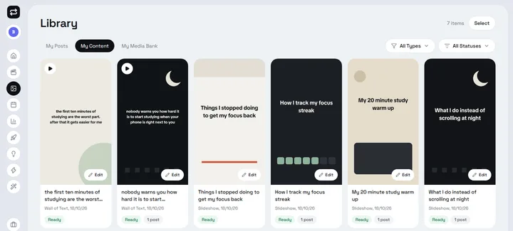 The Library with seven carousels and Wall of Text posts and their statuses