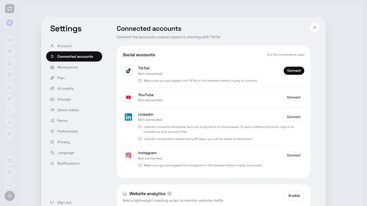 The Connected accounts section of the settings, with TikTok listed first and a Connect button