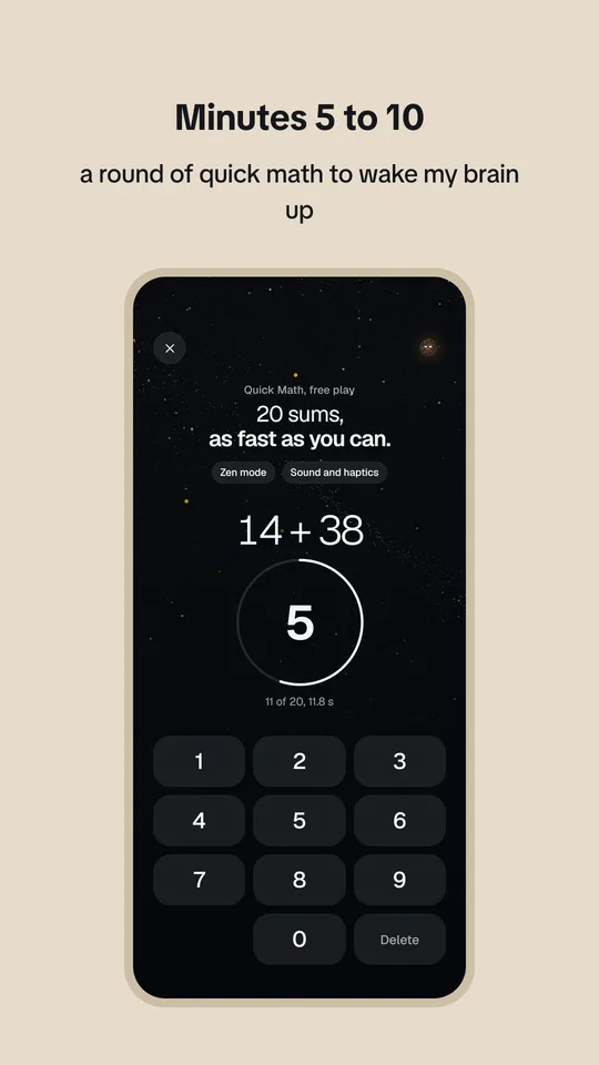 Slide reading Minutes 5 to 10, a round of quick math, over a Brainovr app screen